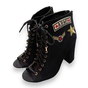 Army Black Open Toe Lace Up Booties with Army Patches Women’s Size 6US/36(EU)